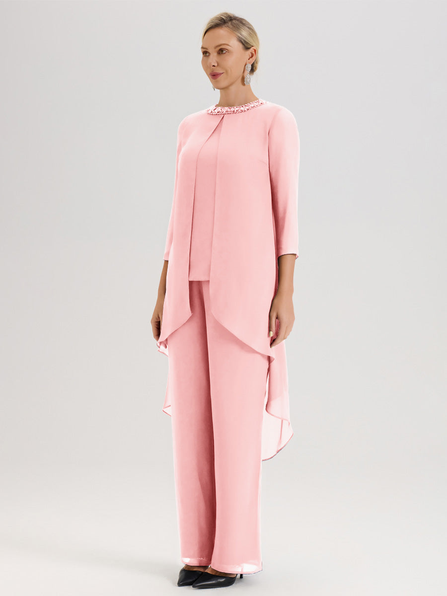 Cicinia Rose Ensemble Pantalon 2 Pièces Pour Mère De La Mariée En Mousseline À Col Rond Et Manches Longues