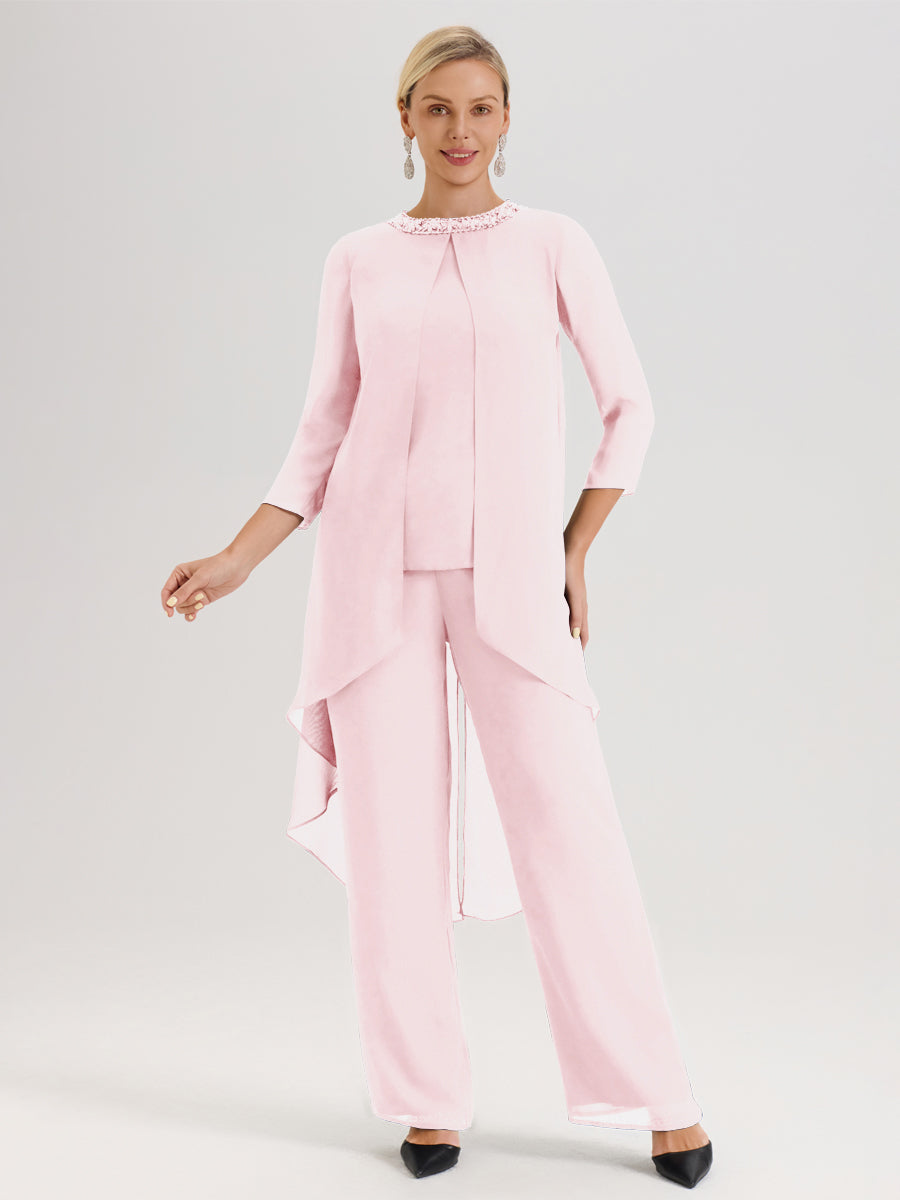 Cicinia Rose Pâle Ensemble Pantalon 2 Pièces Pour Mère De La Mariée En Mousseline À Col Rond Et Manches Longues