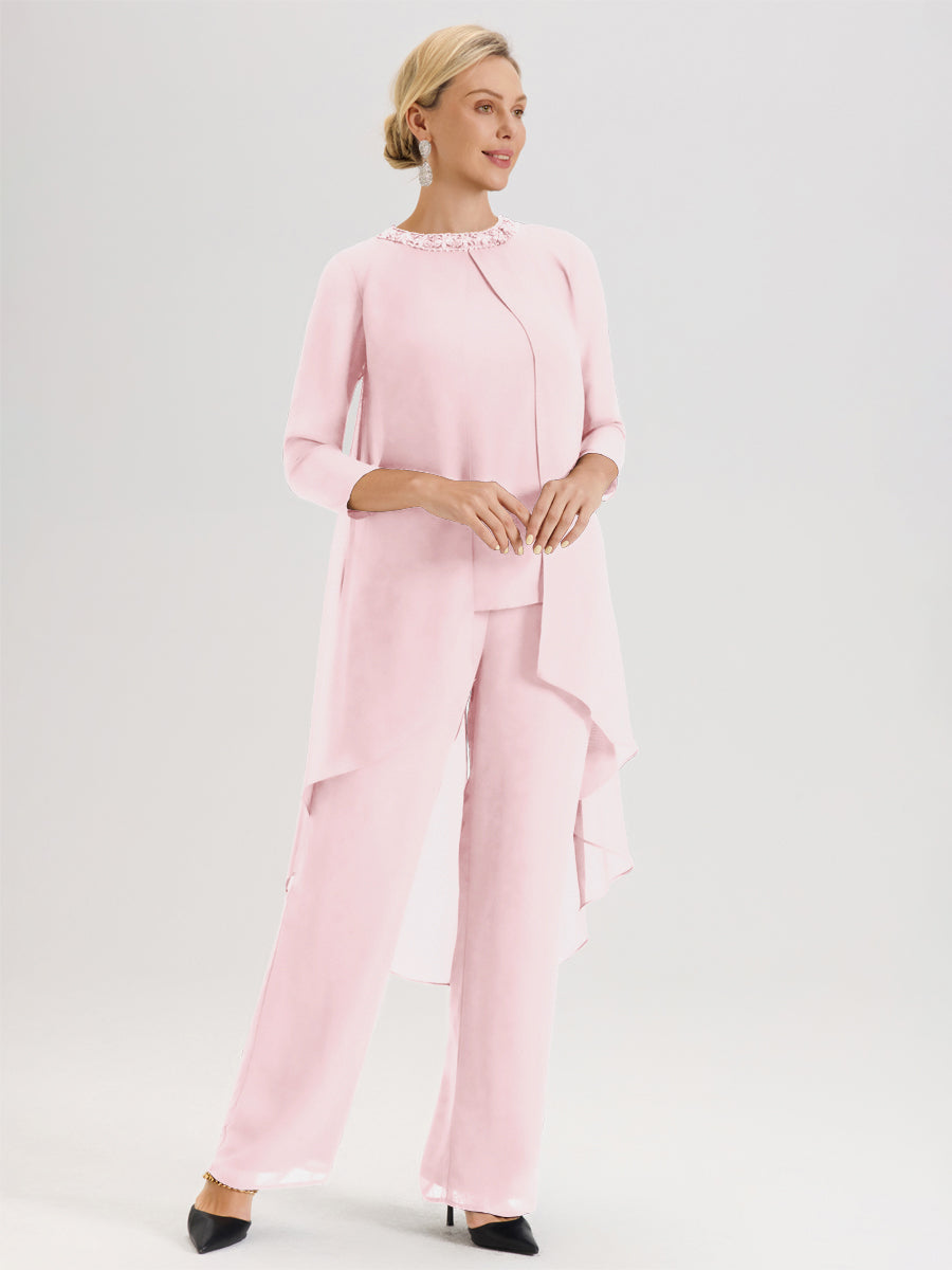 Cicinia Rose Pâle Ensemble Pantalon 2 Pièces Pour Mère De La Mariée En Mousseline À Col Rond Et Manches Longues