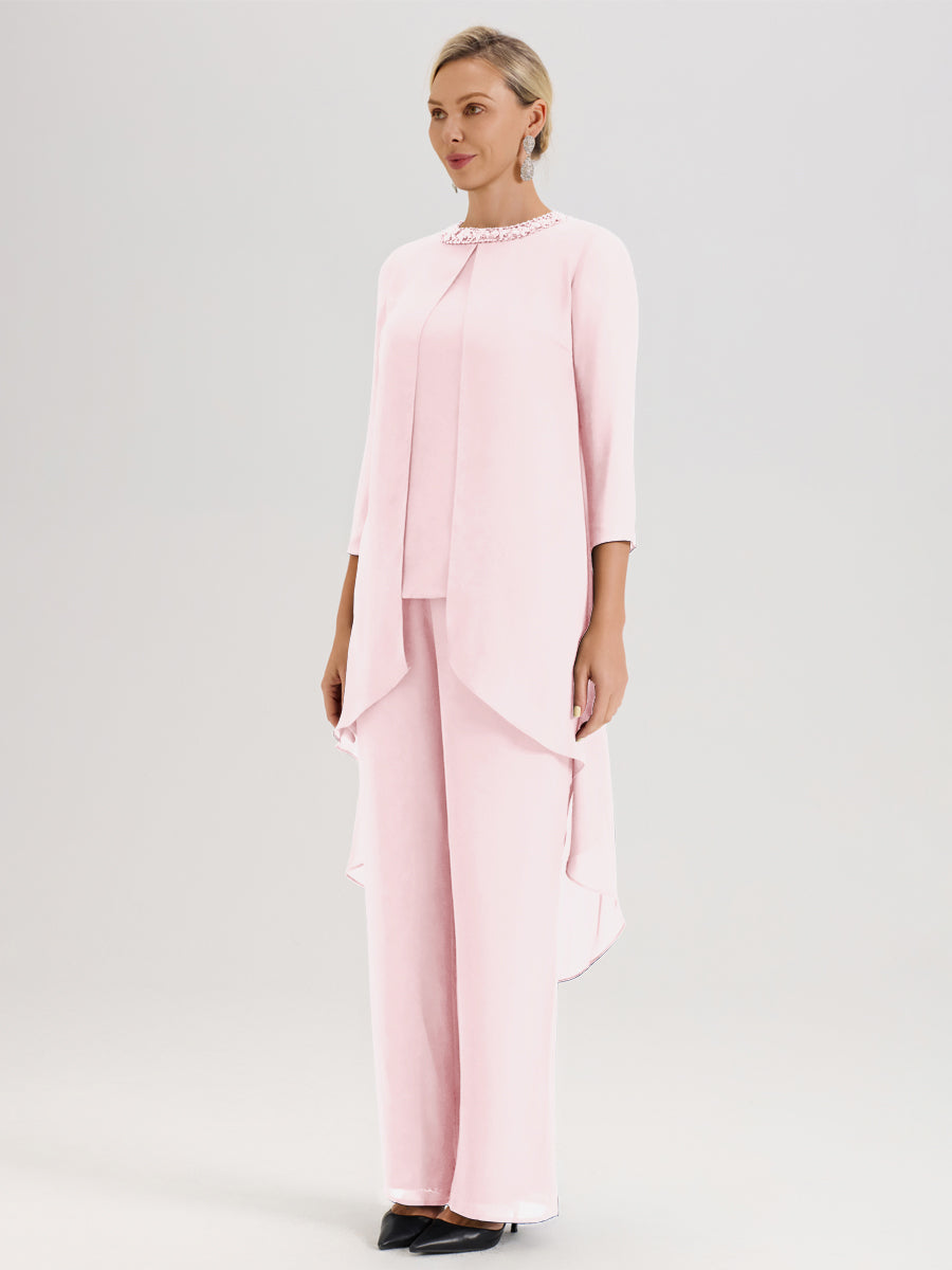 Cicinia Rose Pâle Ensemble Pantalon 2 Pièces Pour Mère De La Mariée En Mousseline À Col Rond Et Manches Longues