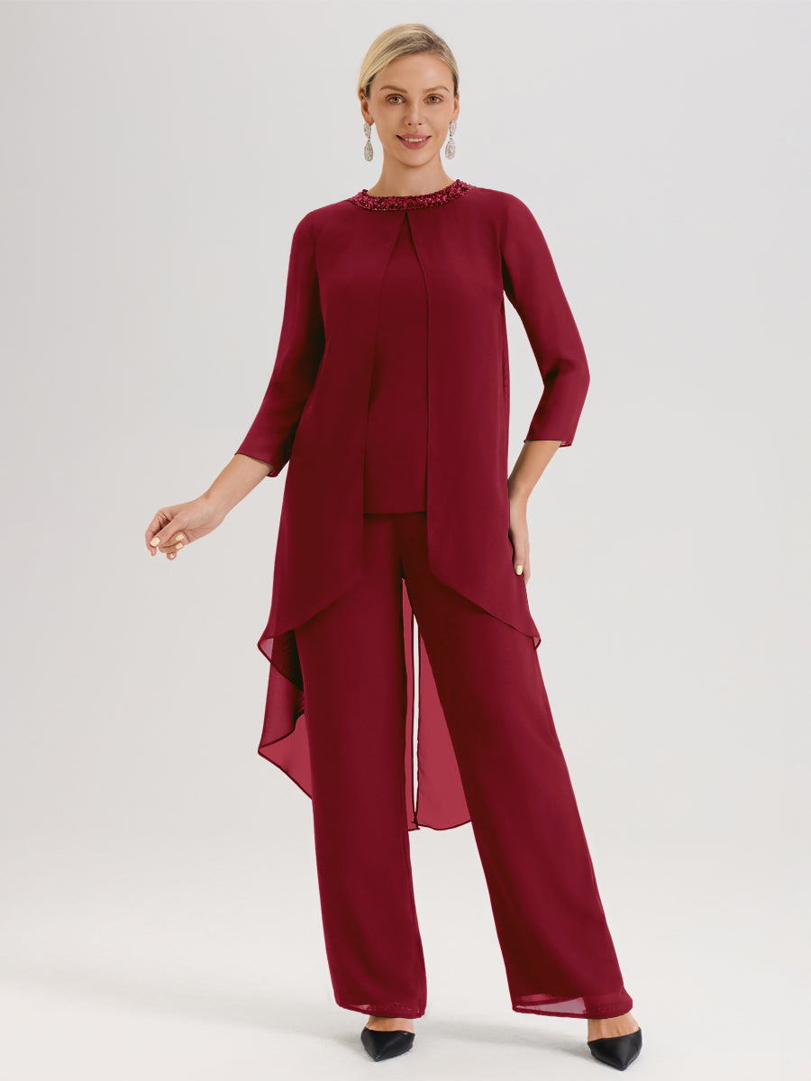 Cicinia Bordeaux Ensemble Pantalon 2 Pièces Pour Mère De La Mariée En Mousseline À Col Rond Et Manches Longues