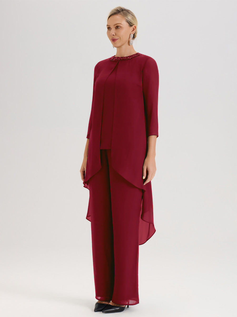 Cicinia Bordeaux Ensemble Pantalon 2 Pièces Pour Mère De La Mariée En Mousseline À Col Rond Et Manches Longues