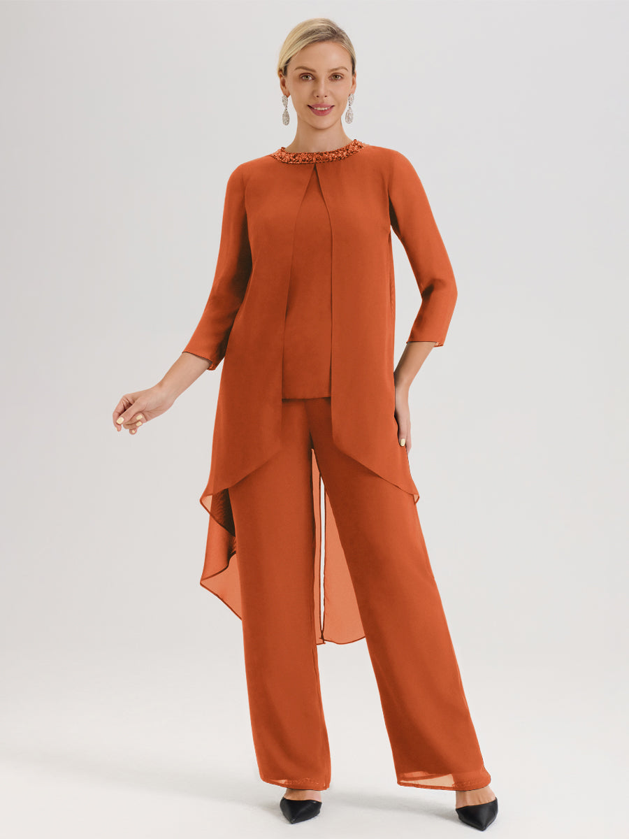 Cicinia Orange Brûlé Ensemble Pantalon 2 Pièces Pour Mère De La Mariée En Mousseline À Col Rond Et Manches Longues