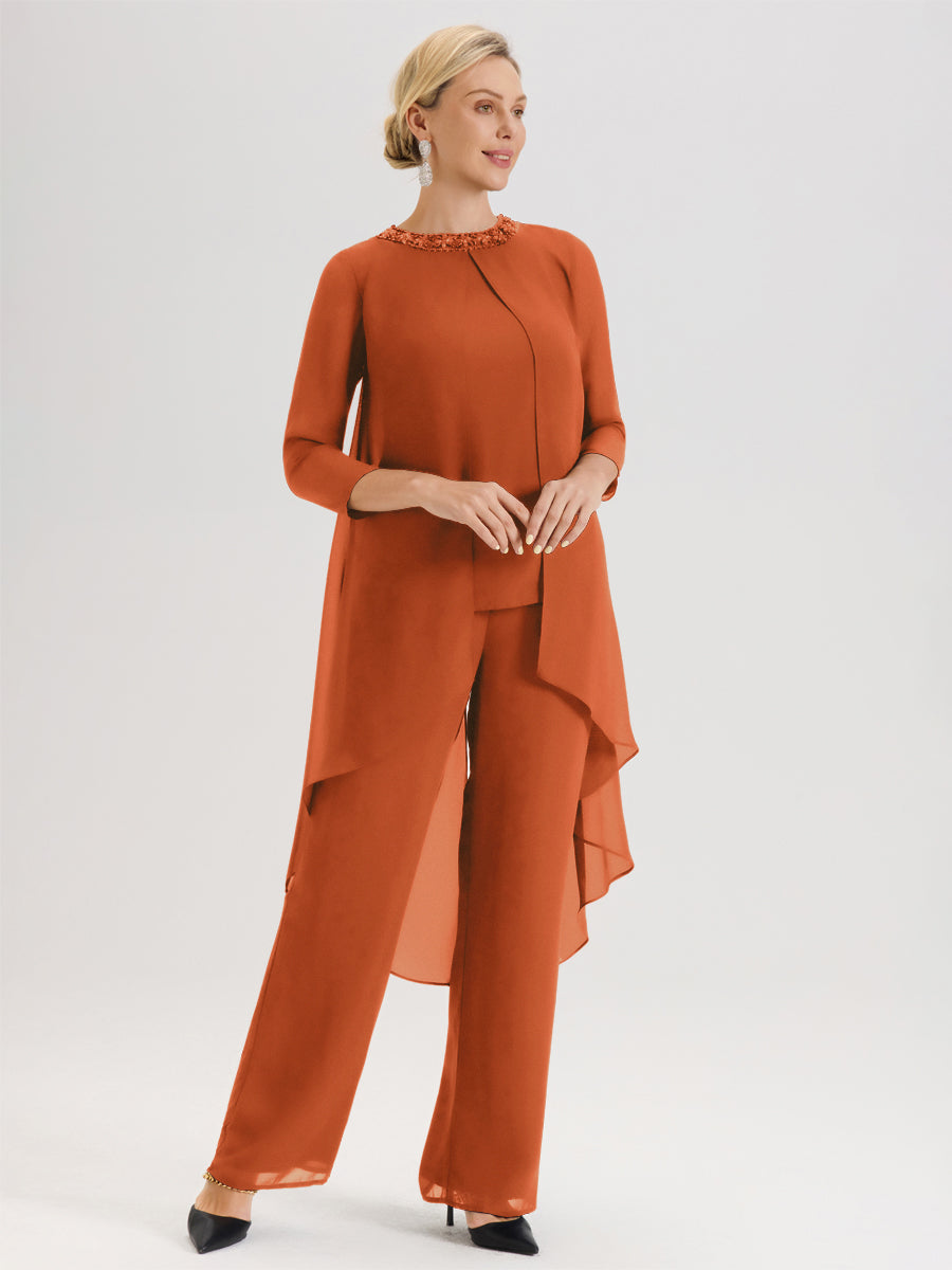 Cicinia Orange Brûlé Ensemble Pantalon 2 Pièces Pour Mère De La Mariée En Mousseline À Col Rond Et Manches Longues