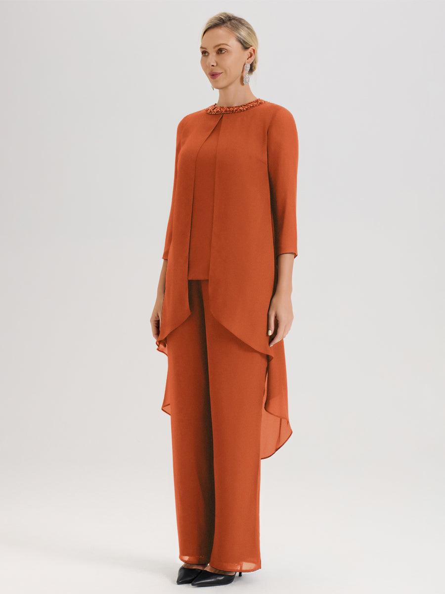 Cicinia Orange Brûlé Ensemble Pantalon 2 Pièces Pour Mère De La Mariée En Mousseline À Col Rond Et Manches Longues
