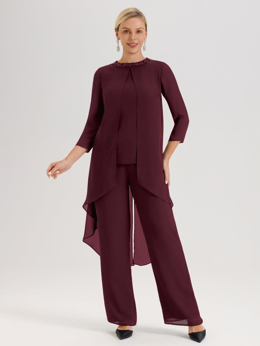 Cicinia Cabernet Ensemble Pantalon 2 Pièces Pour Mère De La Mariée En Mousseline À Col Rond Et Manches Longues