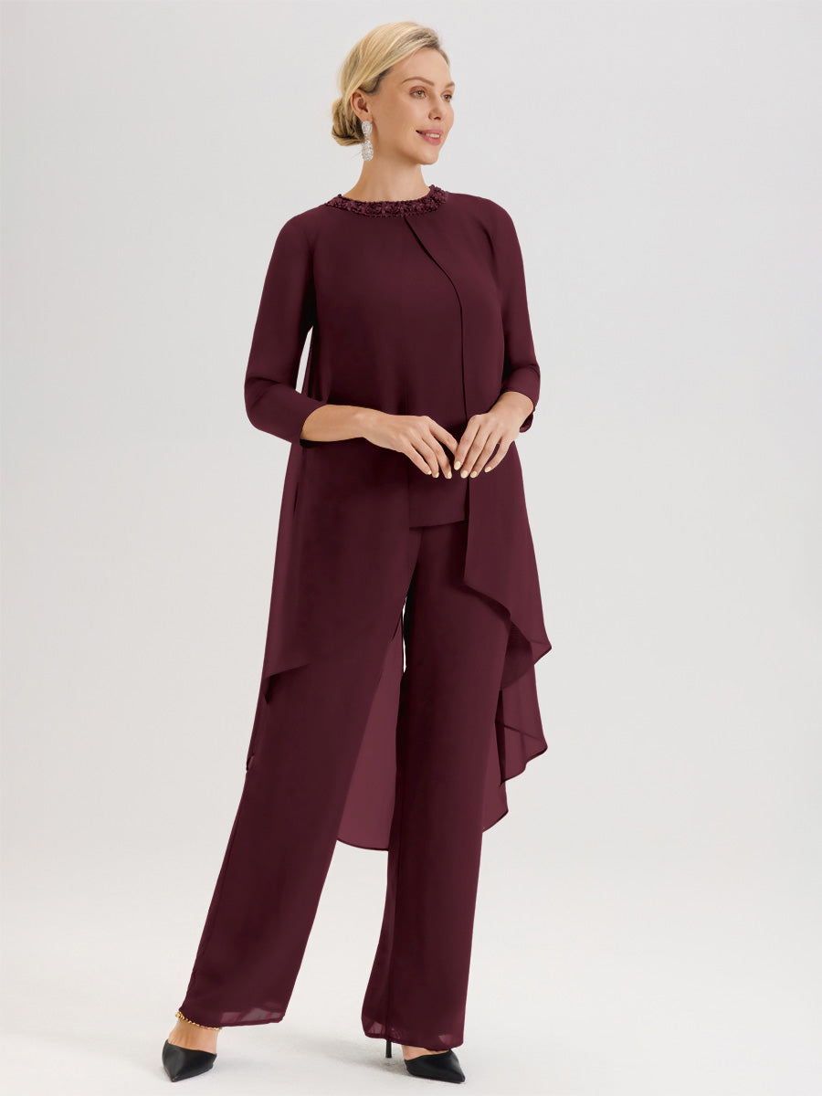 Cicinia Cabernet Ensemble Pantalon 2 Pièces Pour Mère De La Mariée En Mousseline À Col Rond Et Manches Longues