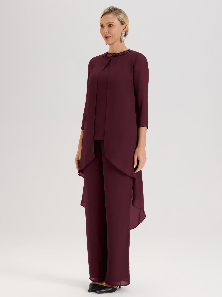 Cicinia Cabernet Ensemble Pantalon 2 Pièces Pour Mère De La Mariée En Mousseline À Col Rond Et Manches Longues