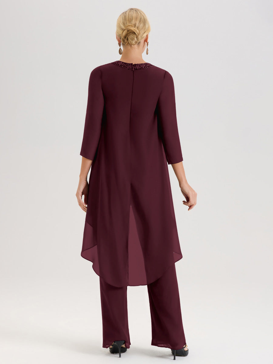 Cicinia Cabernet Ensemble Pantalon 2 Pièces Pour Mère De La Mariée En Mousseline À Col Rond Et Manches Longues