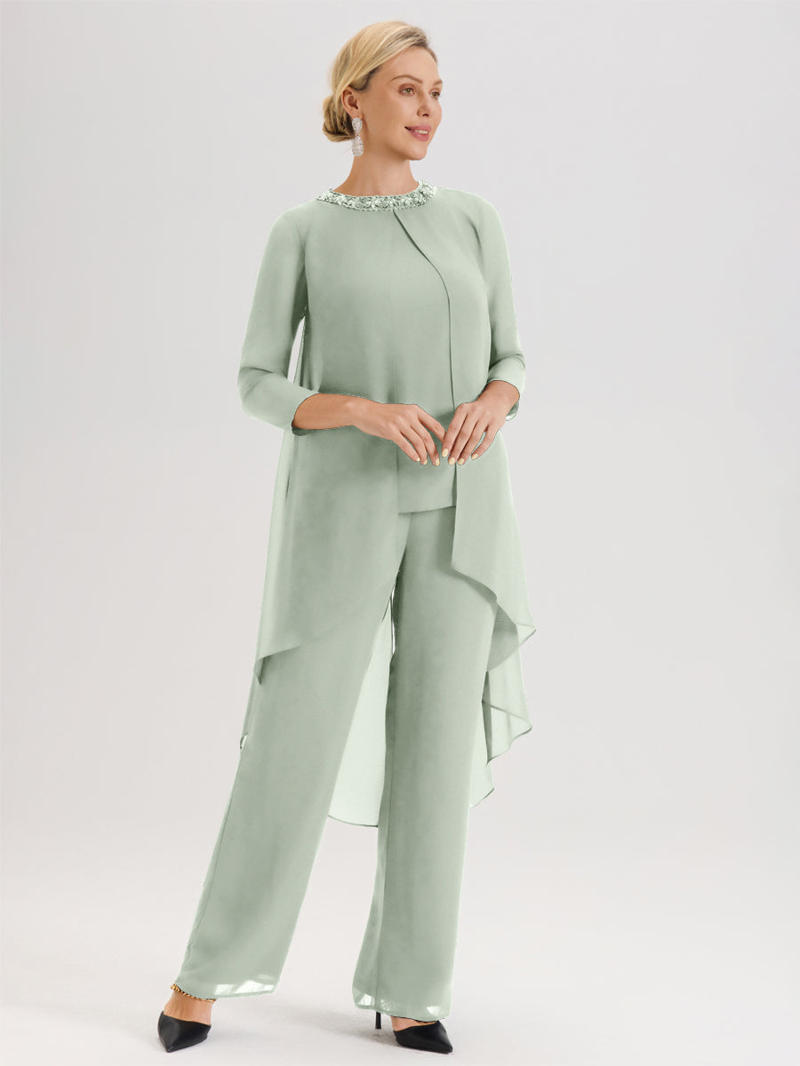 Cicinia Celadon Ensemble Pantalon 2 Pièces Pour Mère De La Mariée En Mousseline À Col Rond Et Manches Longues