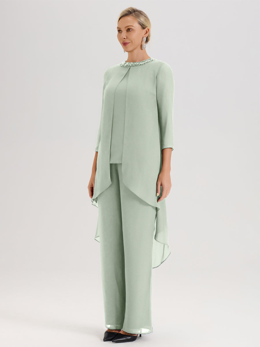 Cicinia Celadon Ensemble Pantalon 2 Pièces Pour Mère De La Mariée En Mousseline À Col Rond Et Manches Longues