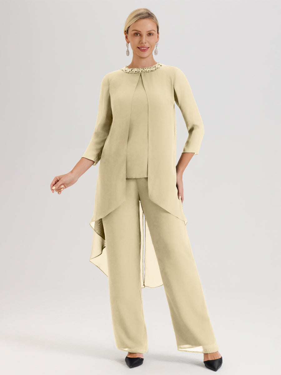Cicinia Champagne Ensemble Pantalon 2 Pièces Pour Mère De La Mariée En Mousseline À Col Rond Et Manches Longues