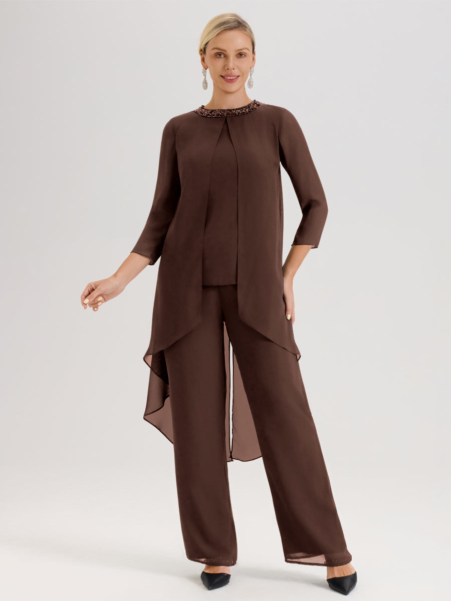 Cicinia Chocolat Ensemble Pantalon 2 Pièces Pour Mère De La Mariée En Mousseline À Col Rond Et Manches Longues