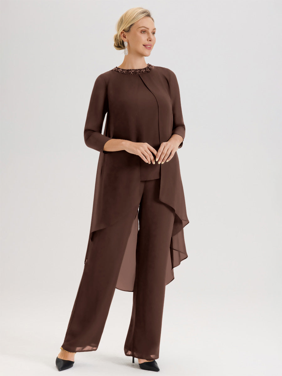 Cicinia Chocolat Ensemble Pantalon 2 Pièces Pour Mère De La Mariée En Mousseline À Col Rond Et Manches Longues
