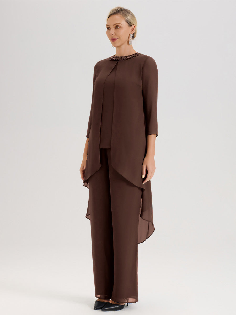 Cicinia Chocolat Ensemble Pantalon 2 Pièces Pour Mère De La Mariée En Mousseline À Col Rond Et Manches Longues