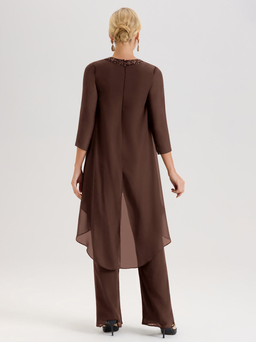 Cicinia Chocolat Ensemble Pantalon 2 Pièces Pour Mère De La Mariée En Mousseline À Col Rond Et Manches Longues