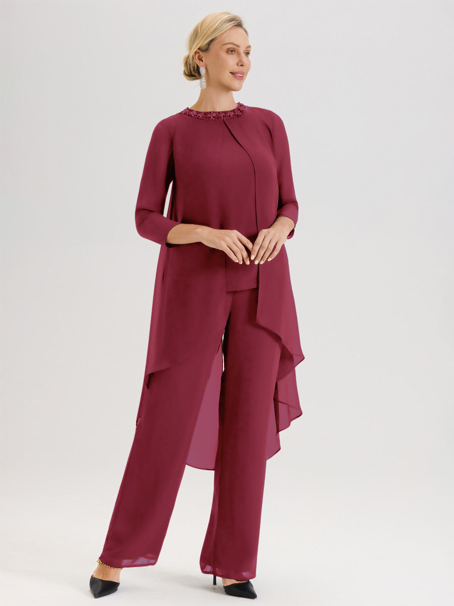 Cicinia Rose Cannelle Ensemble Pantalon 2 Pièces Pour Mère De La Mariée En Mousseline À Col Rond Et Manches Longues