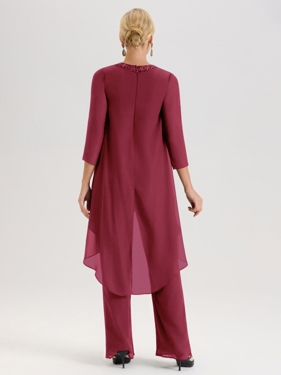 Cicinia Rose Cannelle Ensemble Pantalon 2 Pièces Pour Mère De La Mariée En Mousseline À Col Rond Et Manches Longues