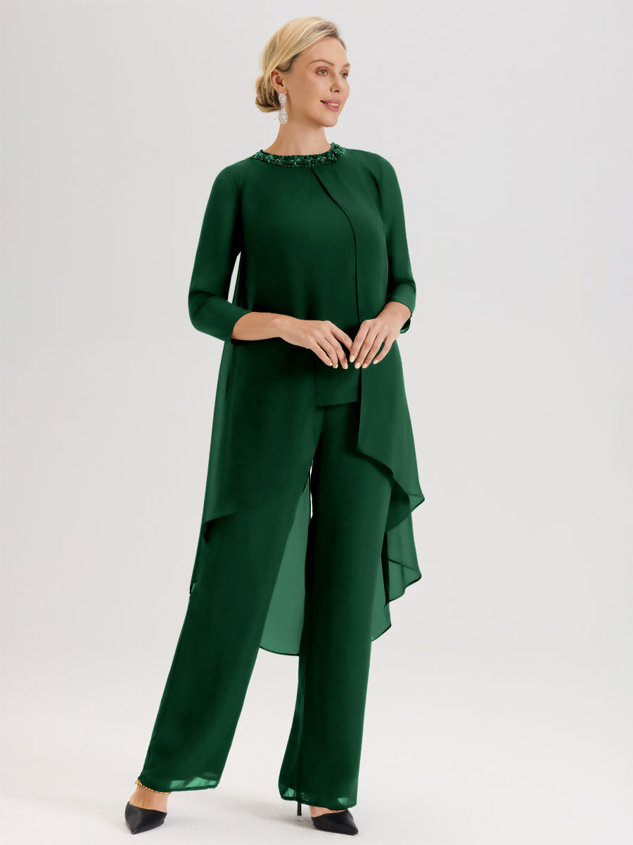 Cicinia Vert Foncé Ensemble Pantalon 2 Pièces Pour Mère De La Mariée En Mousseline À Col Rond Et Manches Longues