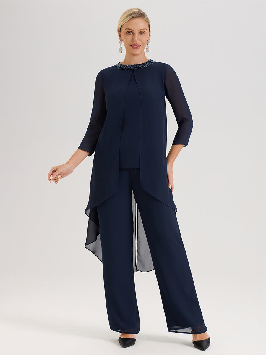 Cicinia Bleu Marine Ensemble Pantalon 2 Pièces Pour Mère De La Mariée En Mousseline À Col Rond Et Manches Longues