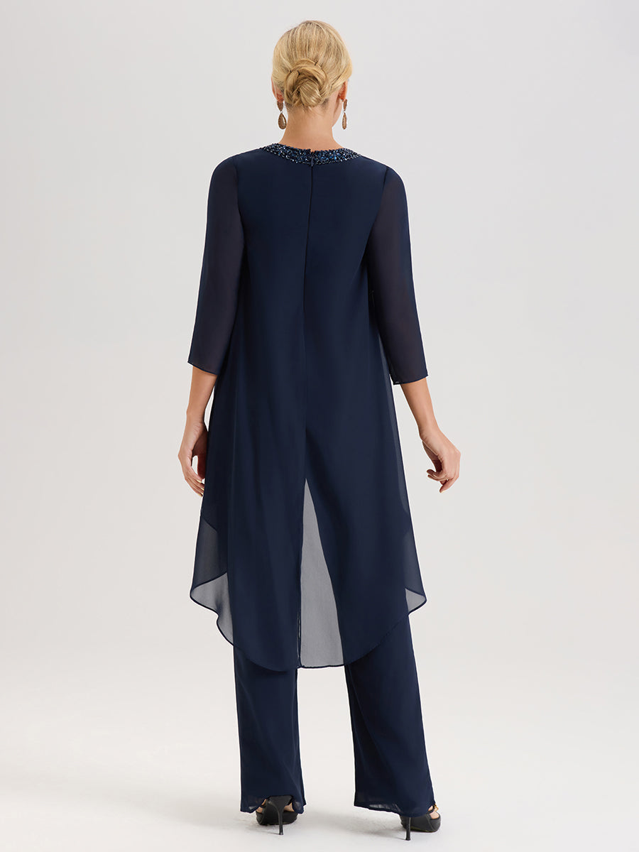 Cicinia Bleu Marine Ensemble Pantalon 2 Pièces Pour Mère De La Mariée En Mousseline À Col Rond Et Manches Longues