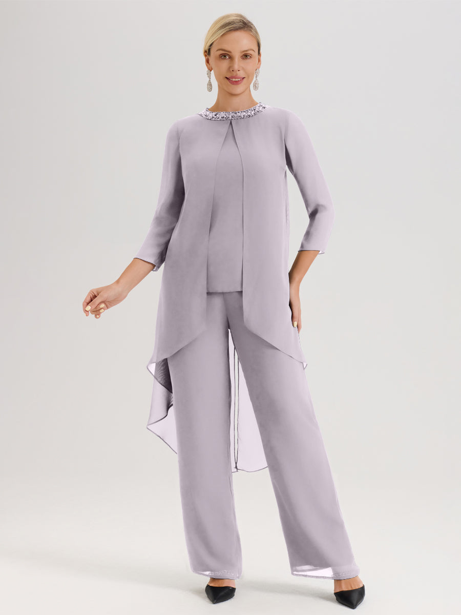 Cicinia Crépuscule Ensemble Pantalon 2 Pièces Pour Mère De La Mariée En Mousseline À Col Rond Et Manches Longues