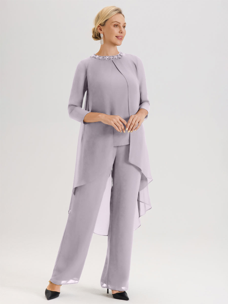 Cicinia Crépuscule Ensemble Pantalon 2 Pièces Pour Mère De La Mariée En Mousseline À Col Rond Et Manches Longues