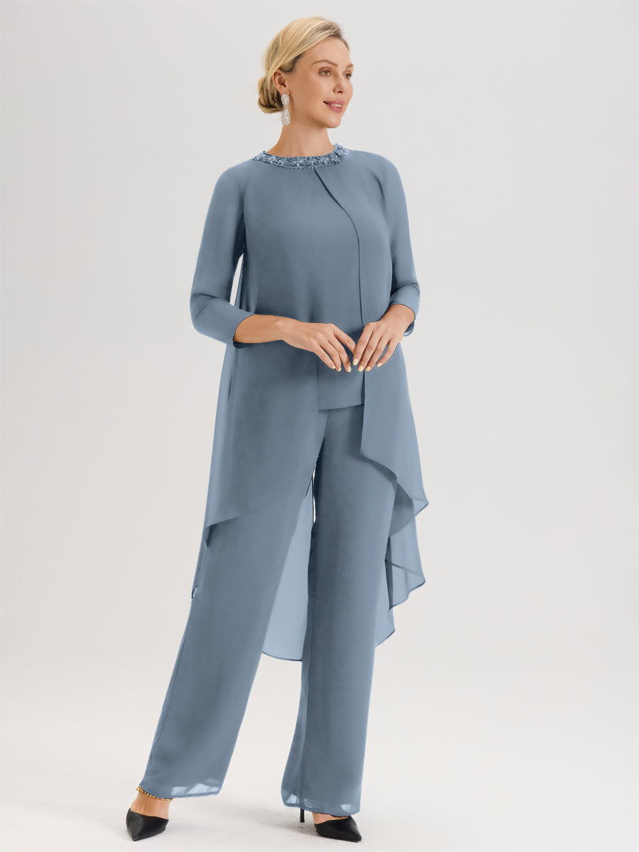 Cicinia Bleu Poudré Ensemble Pantalon 2 Pièces Pour Mère De La Mariée En Mousseline À Col Rond Et Manches Longues