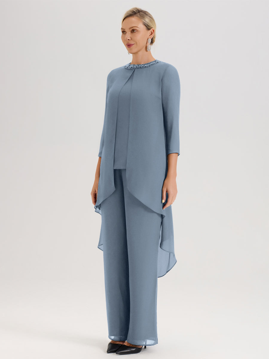 Cicinia Bleu Poudré Ensemble Pantalon 2 Pièces Pour Mère De La Mariée En Mousseline À Col Rond Et Manches Longues