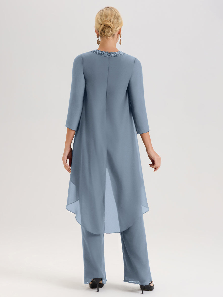 Cicinia Bleu Poudré Ensemble Pantalon 2 Pièces Pour Mère De La Mariée En Mousseline À Col Rond Et Manches Longues