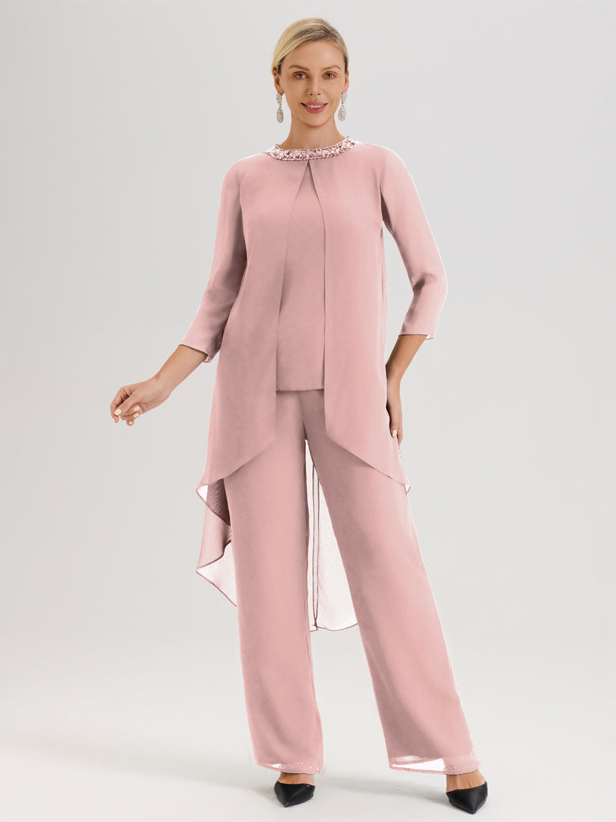 Cicinia Rose Poudré Ensemble Pantalon 2 Pièces Pour Mère De La Mariée En Mousseline À Col Rond Et Manches Longues