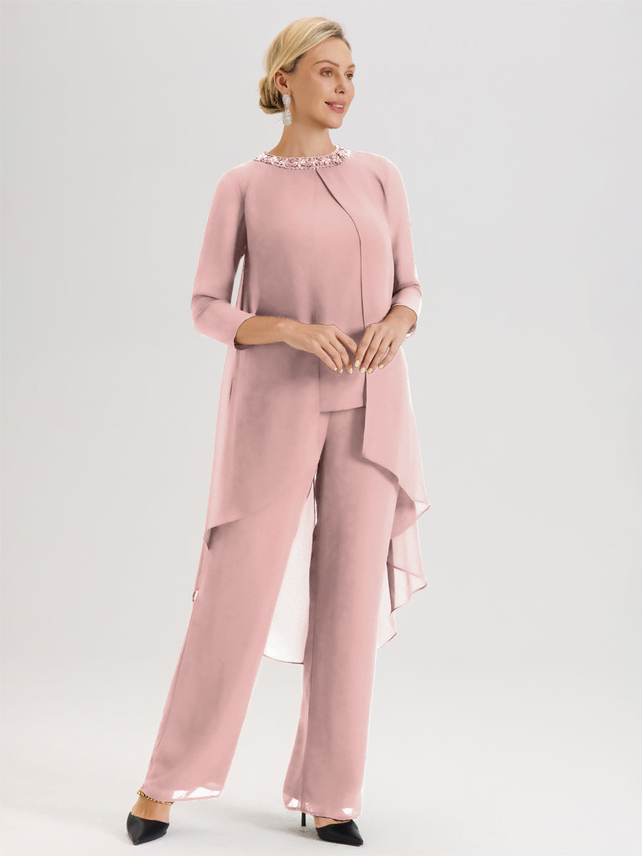 Cicinia Rose Poudré Ensemble Pantalon 2 Pièces Pour Mère De La Mariée En Mousseline À Col Rond Et Manches Longues