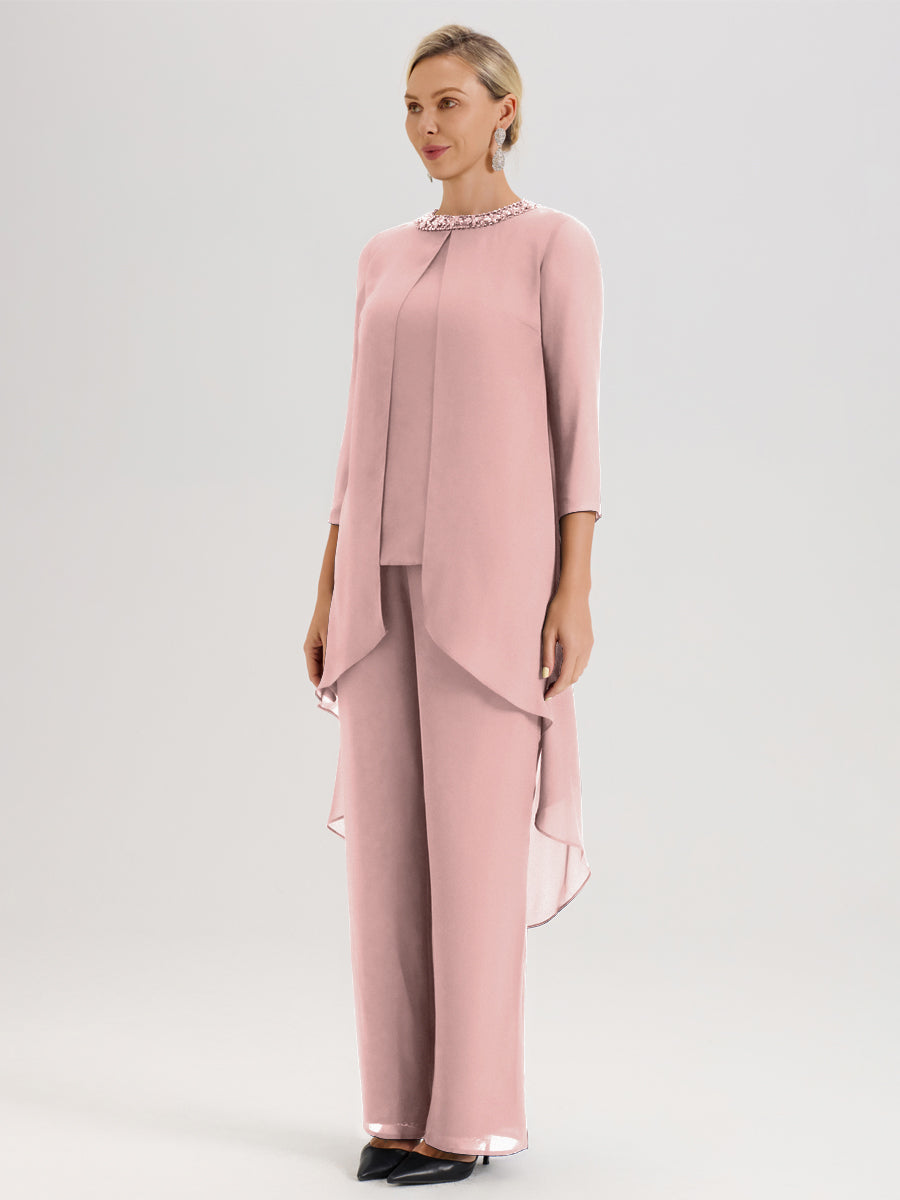 Cicinia Rose Poudré Ensemble Pantalon 2 Pièces Pour Mère De La Mariée En Mousseline À Col Rond Et Manches Longues