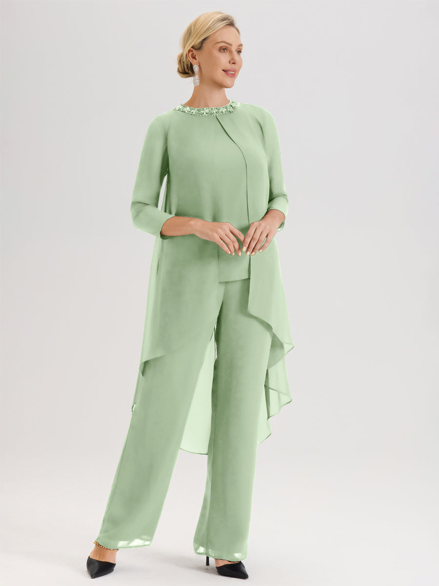 Cicinia Sauge Poudrée Ensemble Pantalon 2 Pièces Pour Mère De La Mariée En Mousseline À Col Rond Et Manches Longues