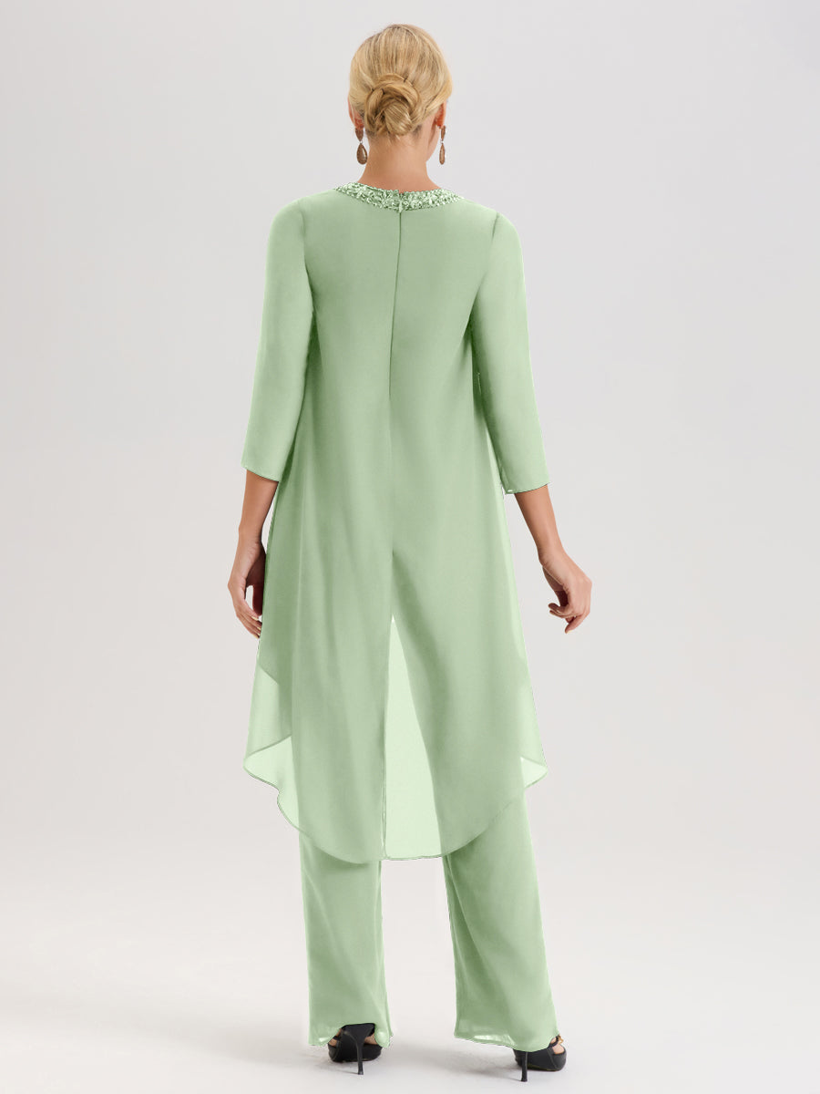 Cicinia Sauge Poudrée Ensemble Pantalon 2 Pièces Pour Mère De La Mariée En Mousseline À Col Rond Et Manches Longues