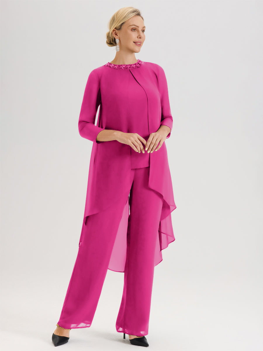 Cicinia Fuchsia Ensemble Pantalon 2 Pièces Pour Mère De La Mariée En Mousseline À Col Rond Et Manches Longues