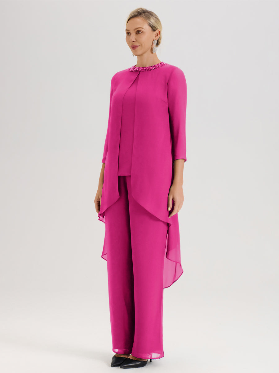 Cicinia Fuchsia Ensemble Pantalon 2 Pièces Pour Mère De La Mariée En Mousseline À Col Rond Et Manches Longues