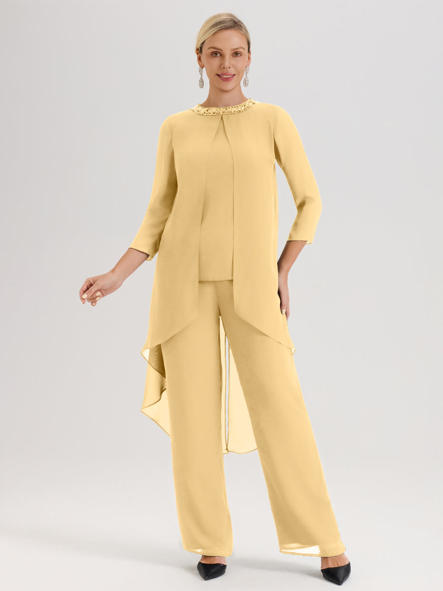 Cicinia Or Ensemble Pantalon 2 Pièces Pour Mère De La Mariée En Mousseline À Col Rond Et Manches Longues