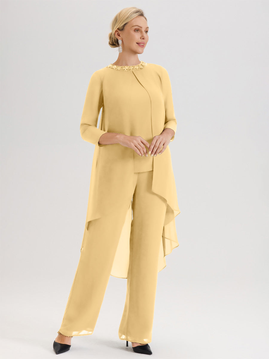 Cicinia Or Ensemble Pantalon 2 Pièces Pour Mère De La Mariée En Mousseline À Col Rond Et Manches Longues