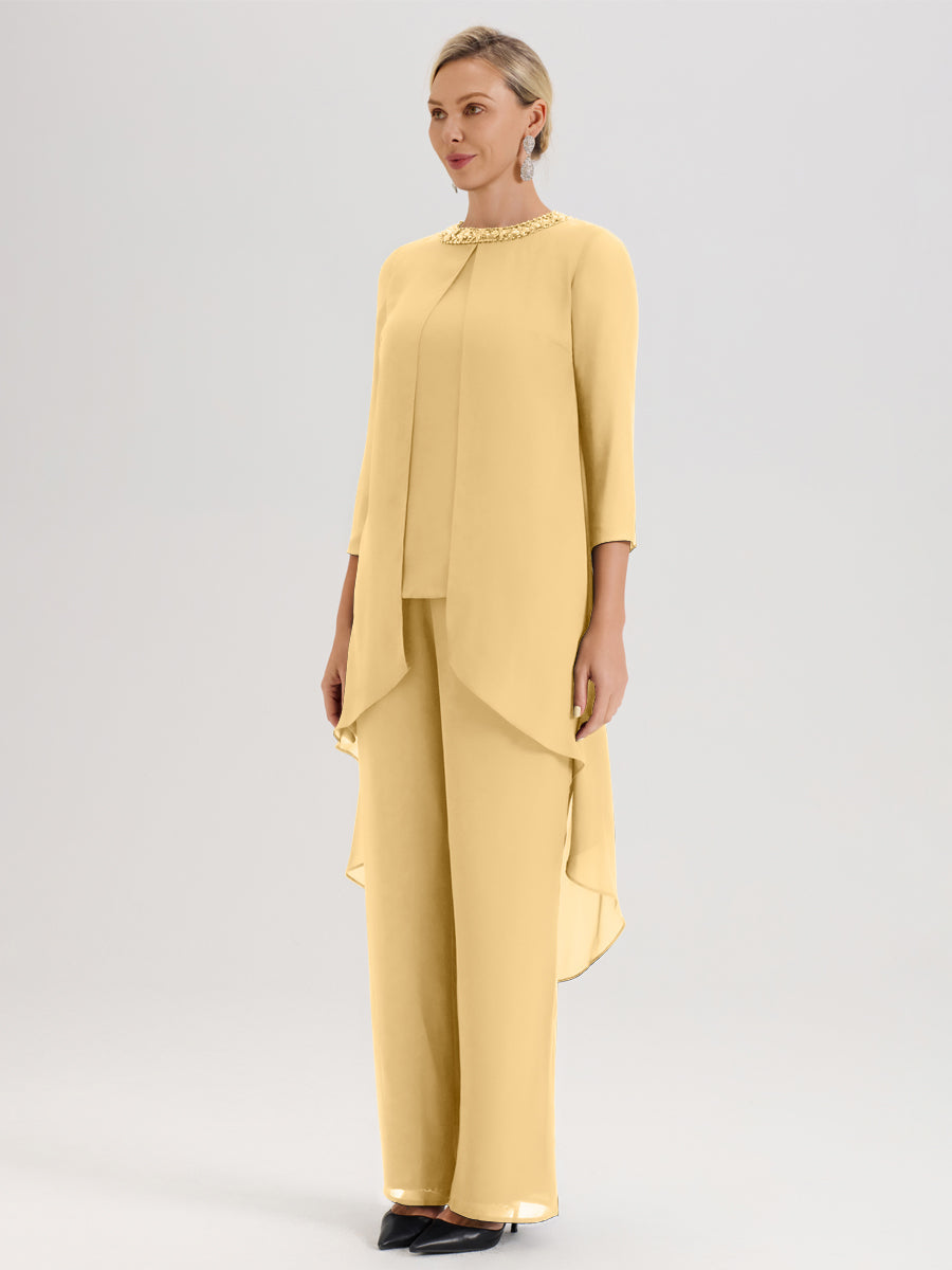 Cicinia Or Ensemble Pantalon 2 Pièces Pour Mère De La Mariée En Mousseline À Col Rond Et Manches Longues