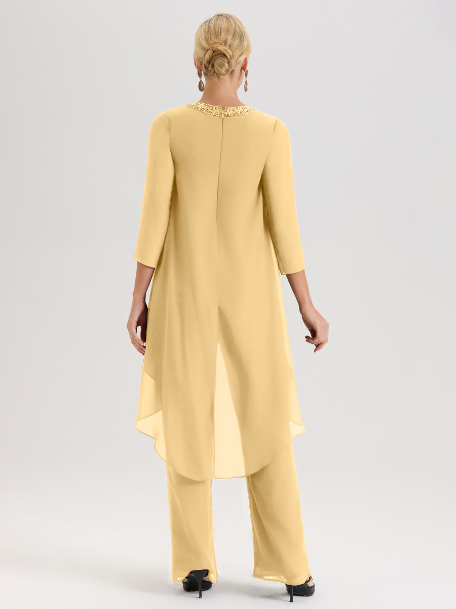 Cicinia Or Ensemble Pantalon 2 Pièces Pour Mère De La Mariée En Mousseline À Col Rond Et Manches Longues