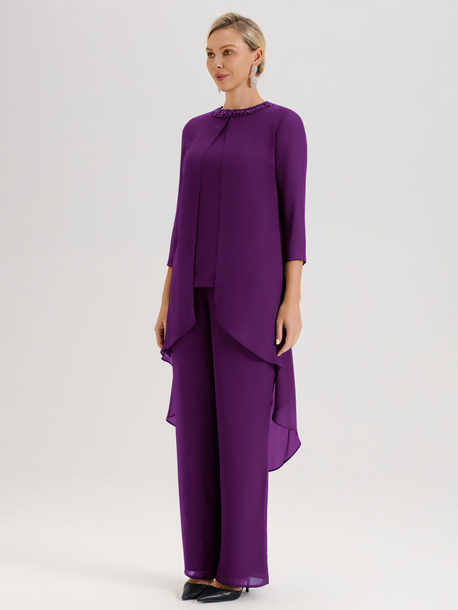 Cicinia Raisin Ensemble Pantalon 2 Pièces Pour Mère De La Mariée En Mousseline À Col Rond Et Manches Longues