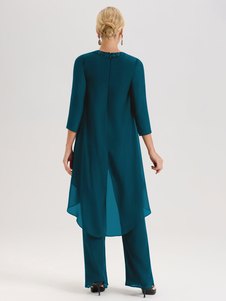 Cicinia Bleu Encre Ensemble Pantalon 2 Pièces Pour Mère De La Mariée En Mousseline À Col Rond Et Manches Longues