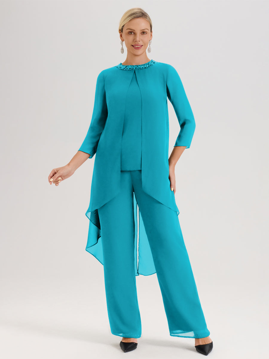 Cicinia Jade Ensemble Pantalon 2 Pièces Pour Mère De La Mariée En Mousseline À Col Rond Et Manches Longues