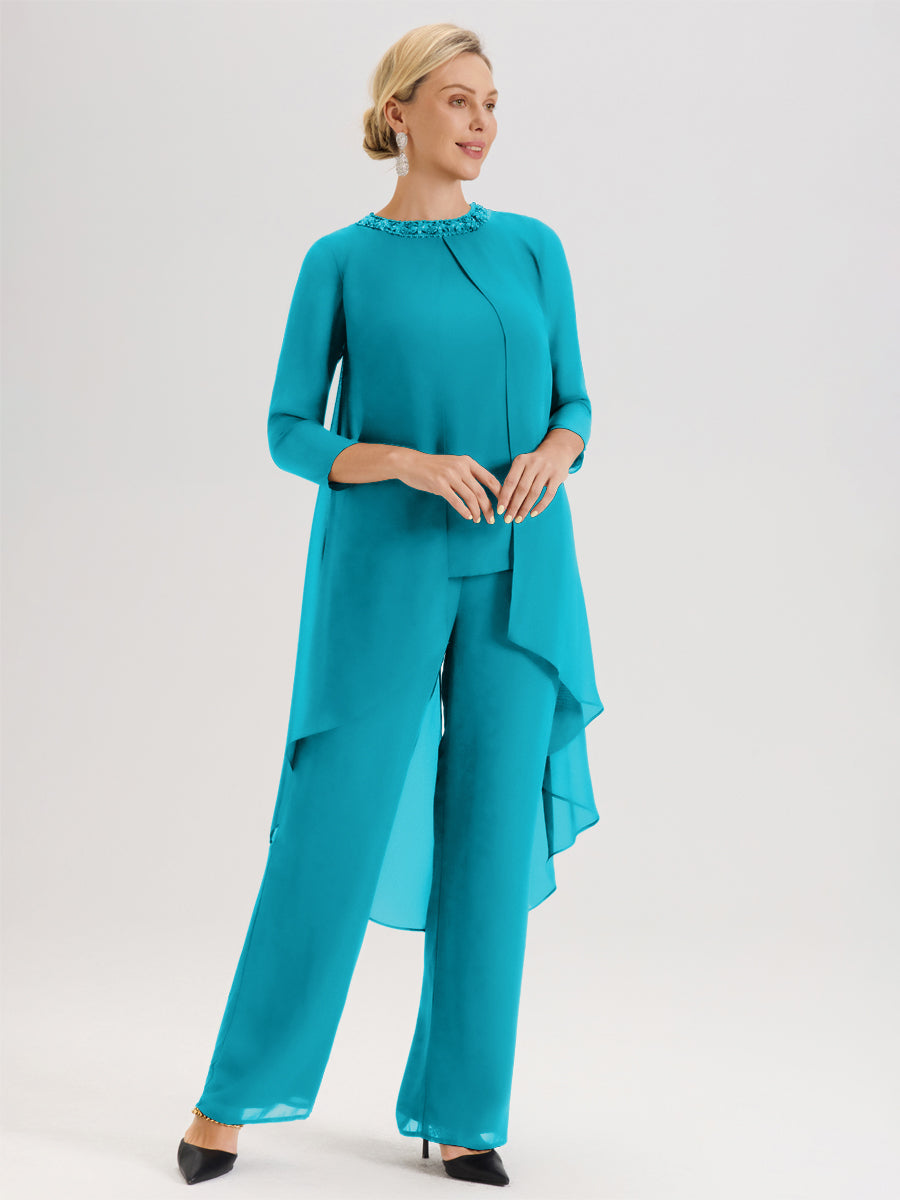 Cicinia Jade Ensemble Pantalon 2 Pièces Pour Mère De La Mariée En Mousseline À Col Rond Et Manches Longues