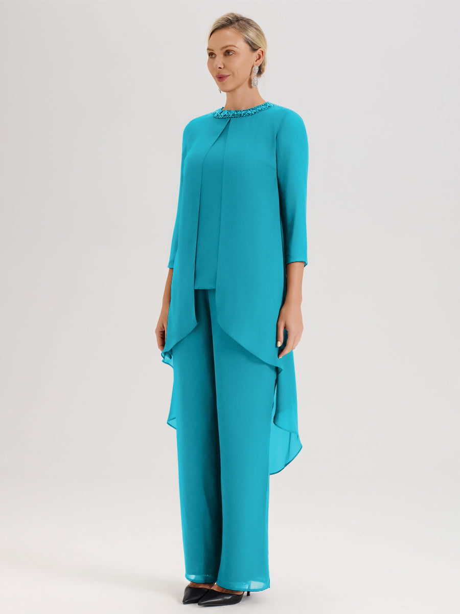 Cicinia Jade Ensemble Pantalon 2 Pièces Pour Mère De La Mariée En Mousseline À Col Rond Et Manches Longues