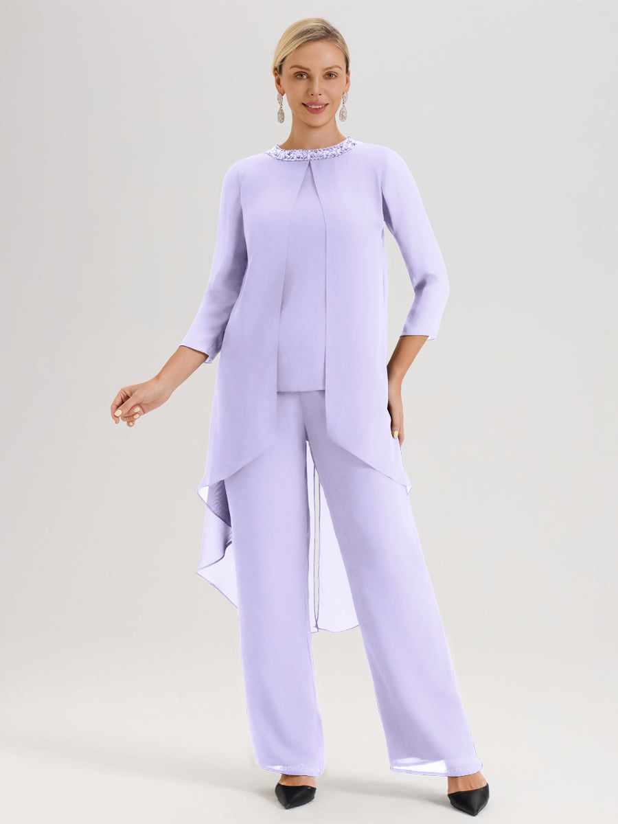 Cicinia Lilas Ensemble Pantalon 2 Pièces Pour Mère De La Mariée En Mousseline À Col Rond Et Manches Longues