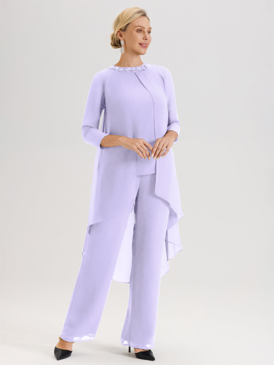 Cicinia Lilas Ensemble Pantalon 2 Pièces Pour Mère De La Mariée En Mousseline À Col Rond Et Manches Longues