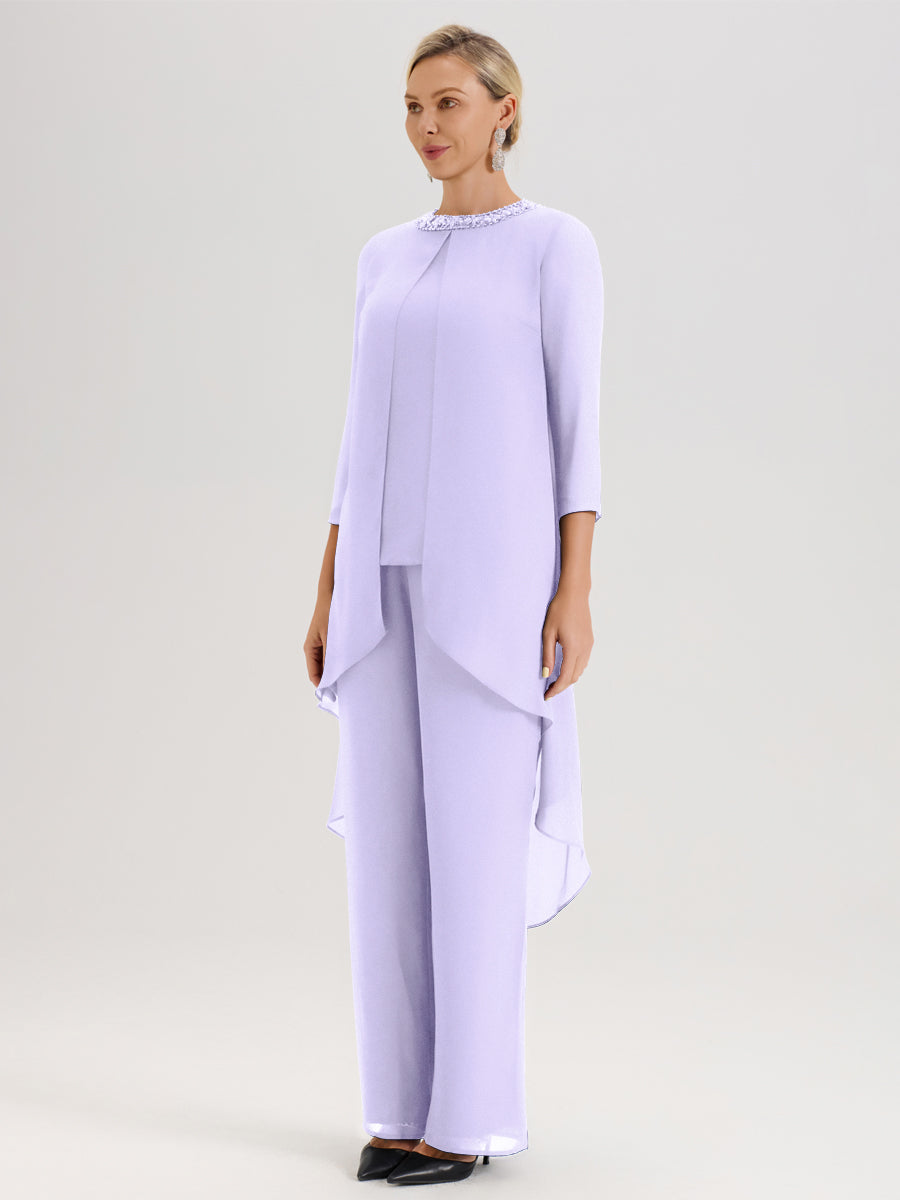 Cicinia Lilas Ensemble Pantalon 2 Pièces Pour Mère De La Mariée En Mousseline À Col Rond Et Manches Longues