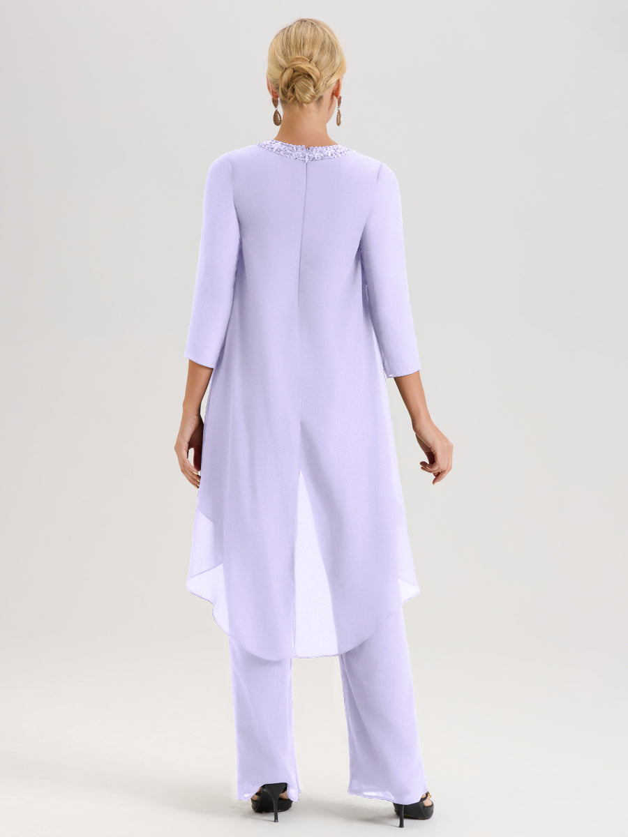 Cicinia Lilas Ensemble Pantalon 2 Pièces Pour Mère De La Mariée En Mousseline À Col Rond Et Manches Longues